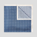 Butcher blue and ivory silk twill pocket square with a classic polka dot pattern and elegant contrast border.