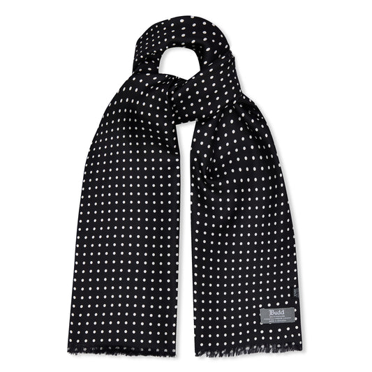Black silk spot scarf with fringed ends