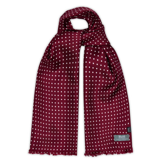 Wine red silk spot scarf with fringed ends