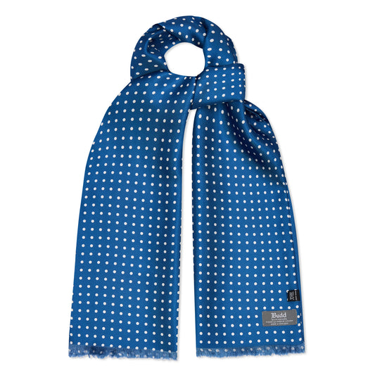 Butcher blue silk spot scarf with fringed ends
