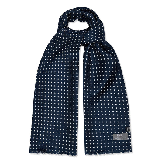 navy silk spot scarf with fringed ends

