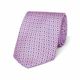 Pink tie with blue pattern on a white background