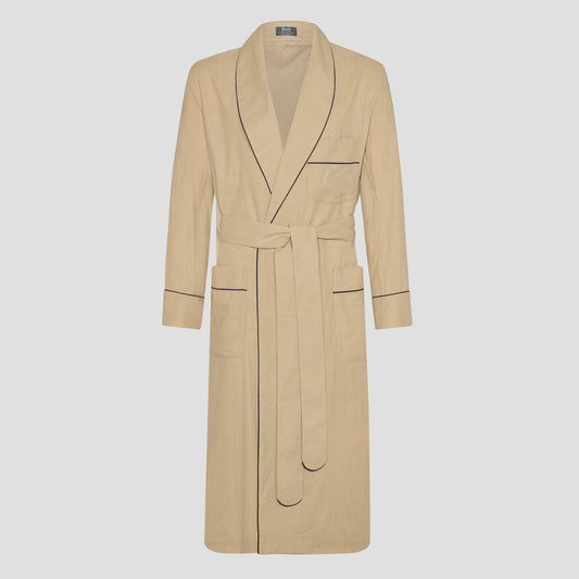 Fawn Brushed Cotton Dressing Gown with Navy Piping