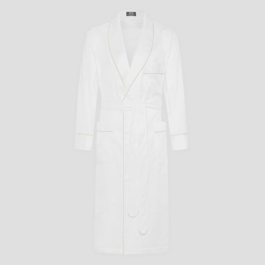 White Dobby Dressing Gown with Ivory Piping