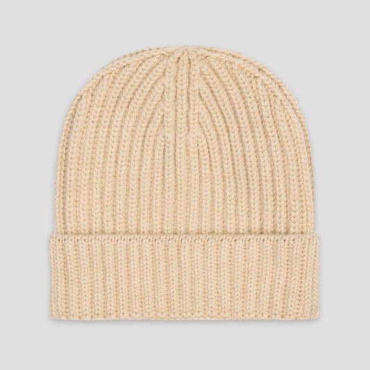 Scottish Cashmere Ribbed Beanie Hat in Alabaster