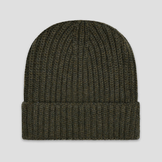 Scottish Cashmere Ribbed Beanie Hat in Loden Green