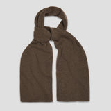 A dark brown ribbed knit scarf, knotted at the top, displayed against a solid light gray background.