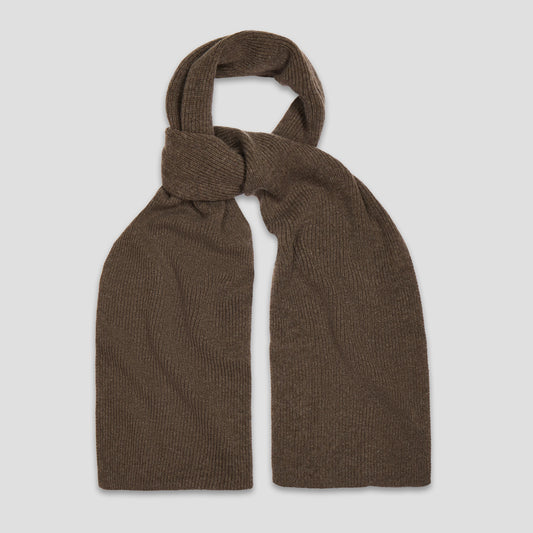 A dark brown ribbed knit scarf, knotted at the top, displayed against a solid light gray background.