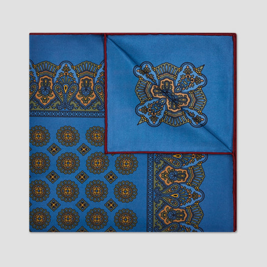 Trad Madder Printed Silk Pocket Square Hand Rolled in Teal
