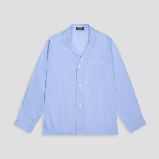 Classic Fit Cotton Poplin Pinhole Stripe Pyjamas in Sky Blue with White piping