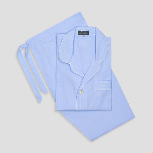 Classic Fit Cotton Poplin Pinhole Stripe Pyjamas in Sky Blue with White piping