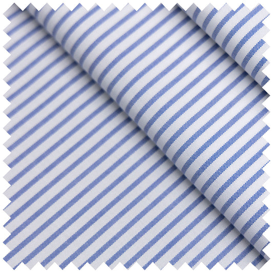 A close-up of a folded piece of fabric with a white base and thin blue diagonal stripes, shown against a plain white background.