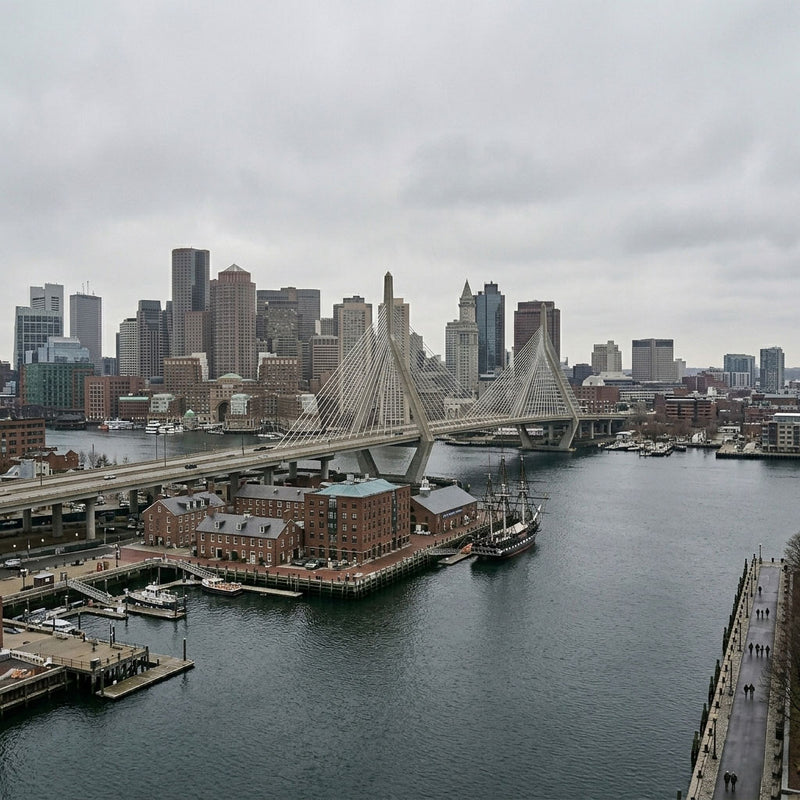 Boston city skyline with a bridge over a body of water on an overcast day