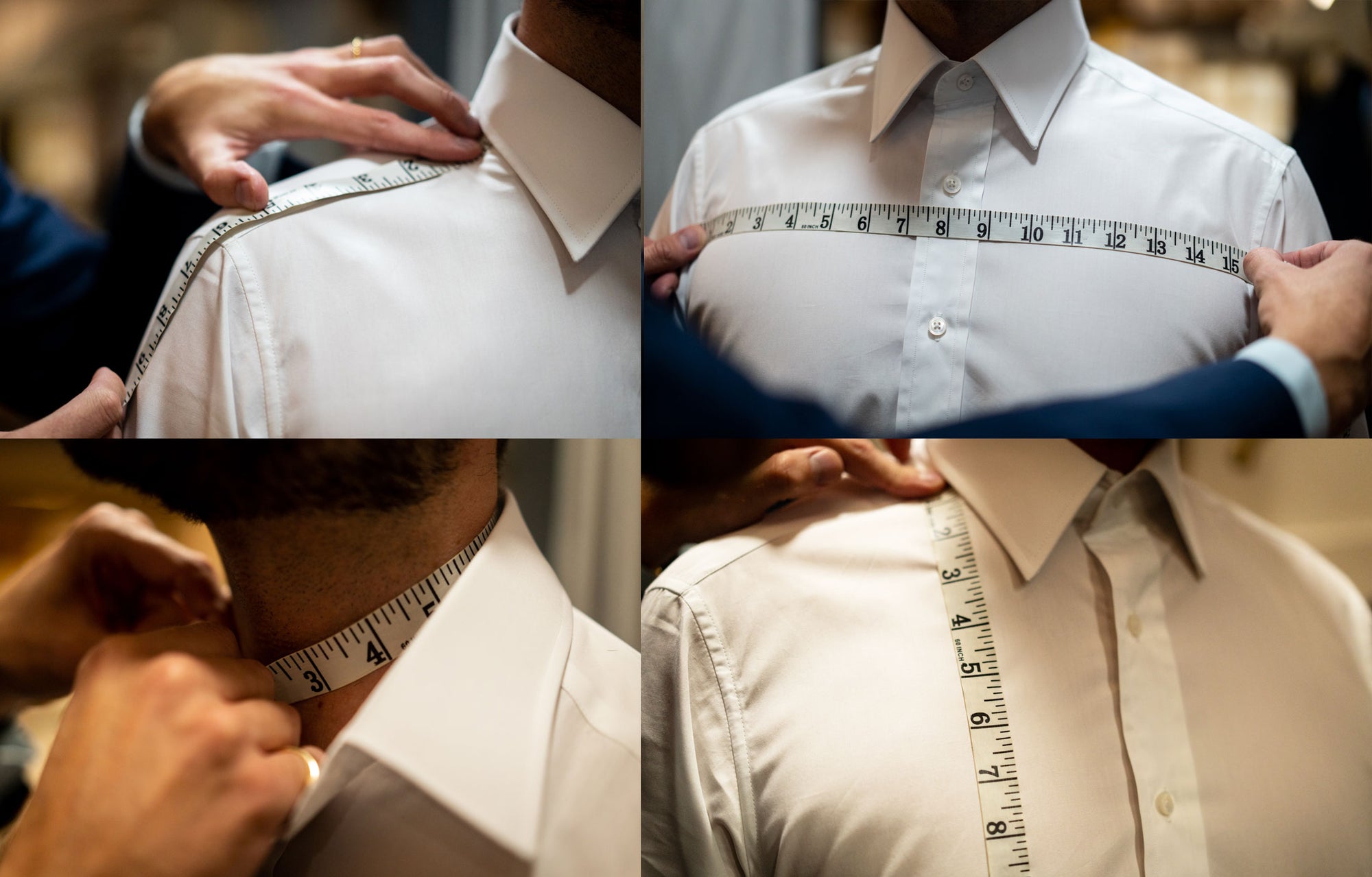 Close up images of man being measured in a white shirt for made to measure
