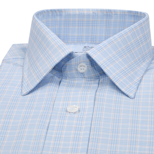 Classic Fit Chambray Check Button Cuff Shirt in Sky/Tan