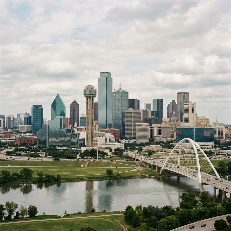 Dallas City skyline with modern skyscrapers and a bridge over water, under a cloudy sky.