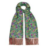 Tulip green exotic floral silk scarf with hand tassels 