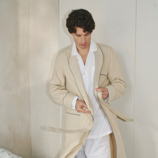 Fawn Brushed Cotton Dressing Gown with Navy Piping