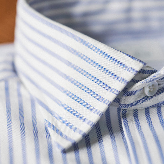 Close up of oxford blue stripe shirt collar