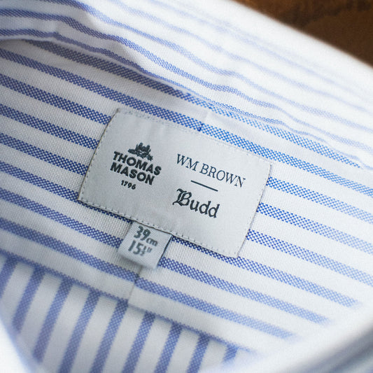 Label of blue stripe shirt showing Thomas Mason x WM Brown x Budd