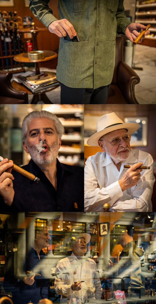 Collage of a men smoking cigars in various settings.