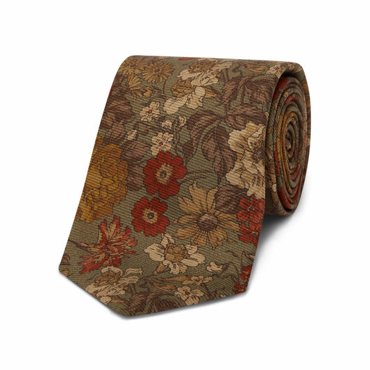 Large Botanical Silk Twill Tie in Olive