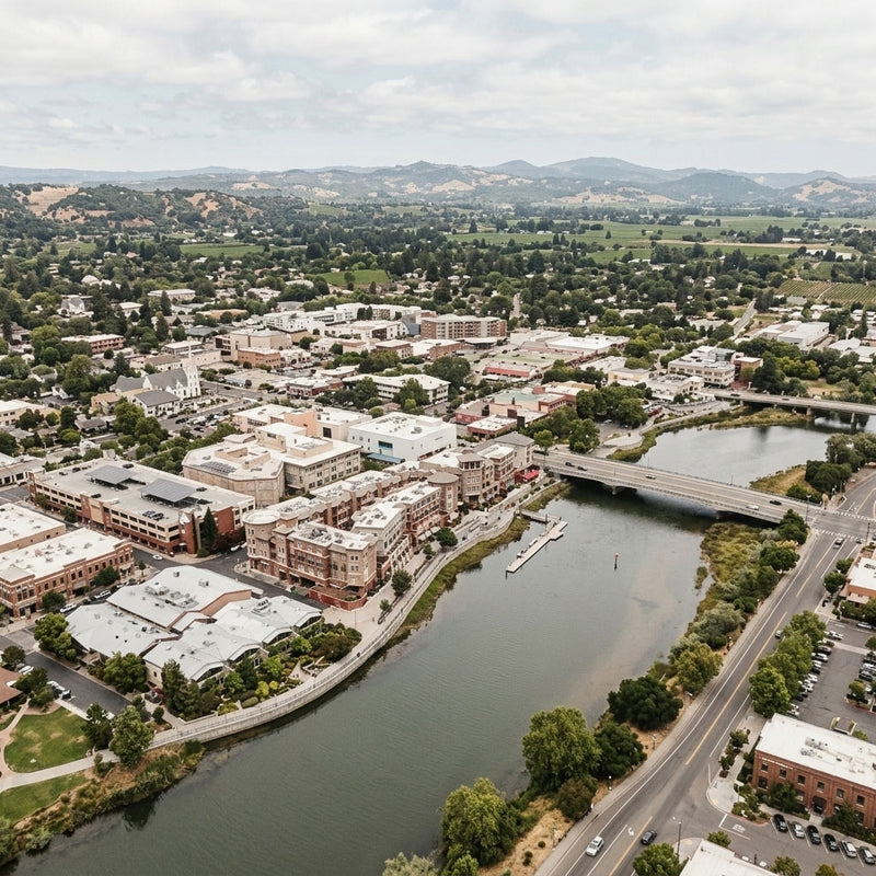Aerial view of Napa in California with buildings, a river, and a bridge.