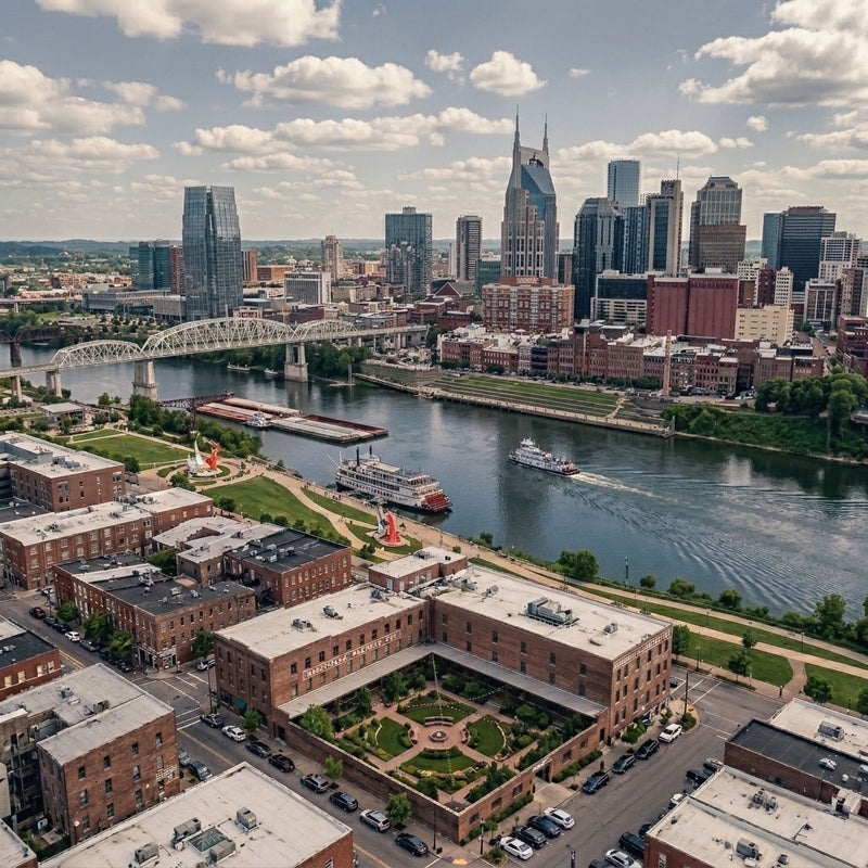 Cityscape with a river and bridge, featuring tall buildings and a clear sky.