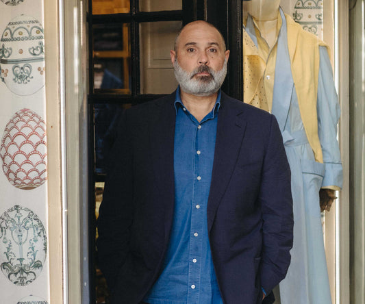 Senior Cutter, Darren Tiernan stood outside Budd Shirtmakers London