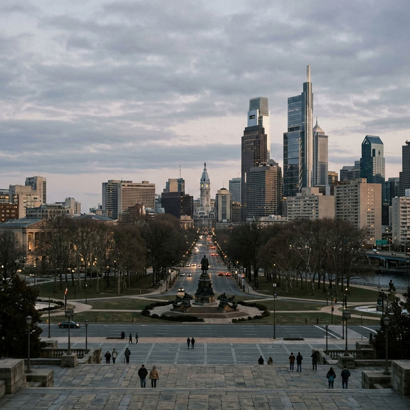 Philadelphia City skyline with a central fountain and people walking on a wide path