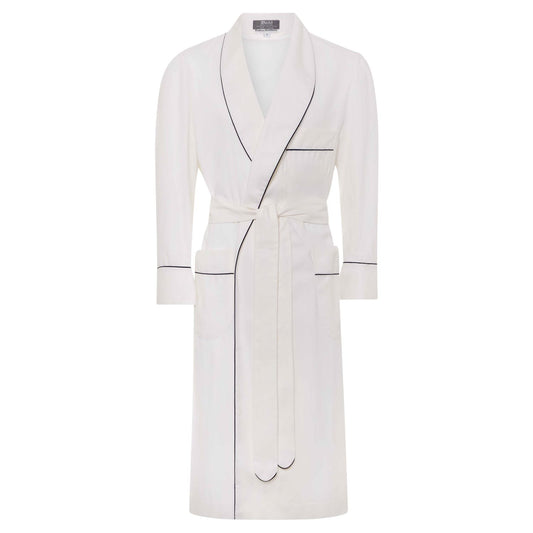 Cotton and Cashmere Herringbone  Dressing Gown in White