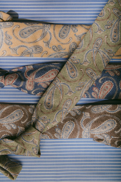Selection of paisley ties on blue stripe background

