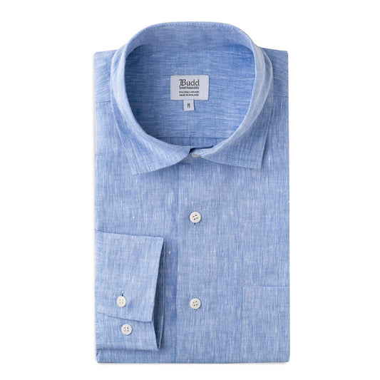 Casual Fit Plain Linen Button Cuff Shirt in Blue