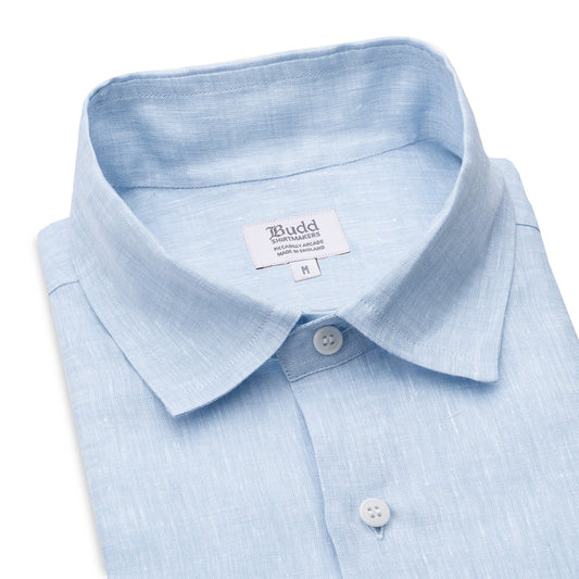 Casual Fit Plain Linen Button Cuff Shirt in Sky Blue