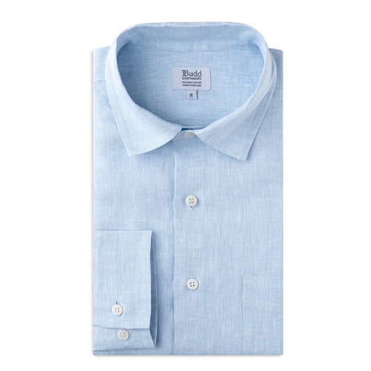 Casual Fit Plain Linen Button Cuff Shirt in Sky Blue