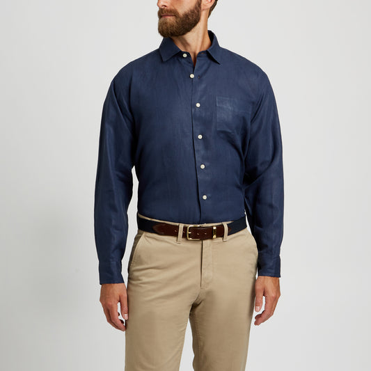 Casual Fit Plain Linen Button Cuff Shirt in Navy on model