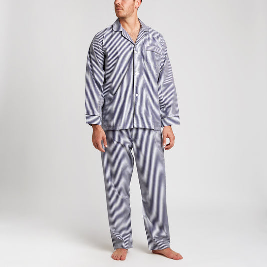 Exclusive Budd Stripe Pyjamas in Navy on model 