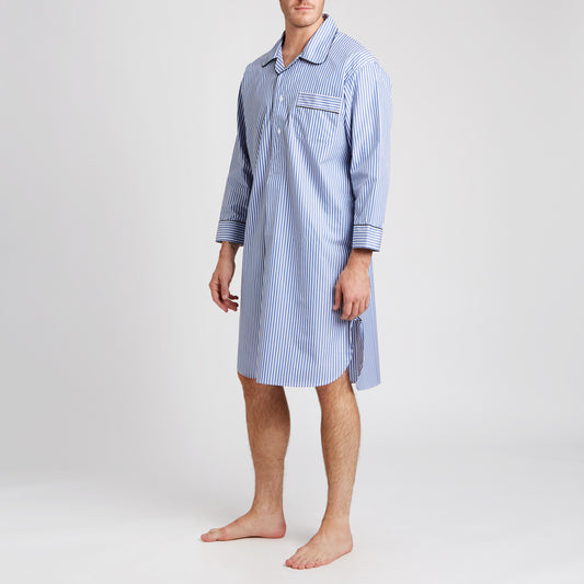 Exclusive Budd Stripe Cotton Nightshirt in Edwardian Blue on male model