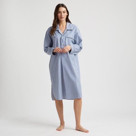 Exclusive Budd Stripe Cotton Nightshirt in Edwardian Blue on model 