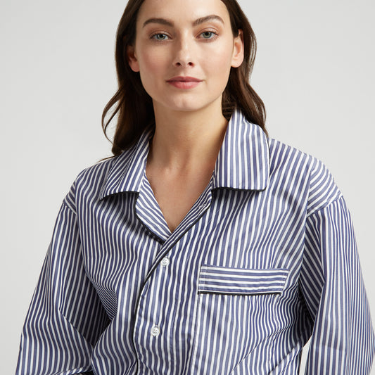 Exclusive Budd Stripe Cotton Nightshirt in Navy on model details