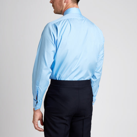 Classic Fit Plain Poplin Double Cuff Shirt in Cornflower on model back