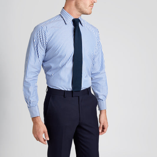 Classic Fit Exclusive Budd Stripe Double Cuff Shirt in Edwardian Blue on model front