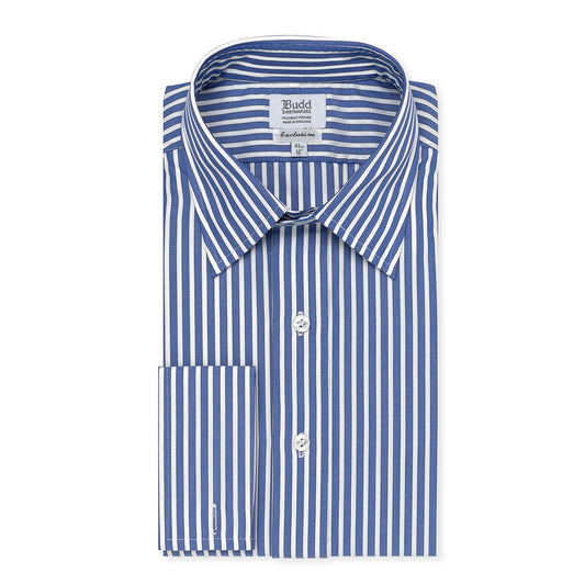 Classic Fit Exclusive Budd Stripe Double Cuff Shirt in Edwardian Blue