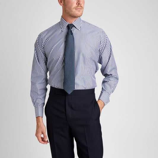 Classic Fit Exclusive Budd Stripe Double Cuff Shirt in Navy on model front