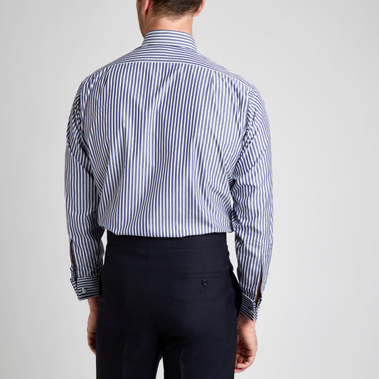 Classic Fit Exclusive Budd Stripe Double Cuff Shirt in Navy on model back