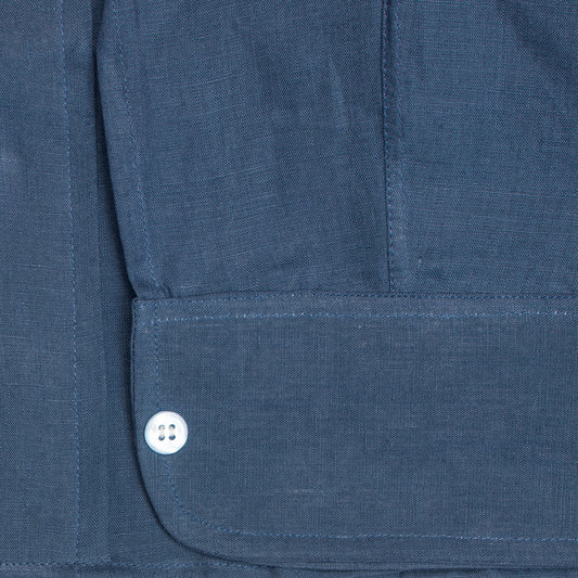 Classic Fit Plain Linen Button Cuff Shirt in Lagan Blue