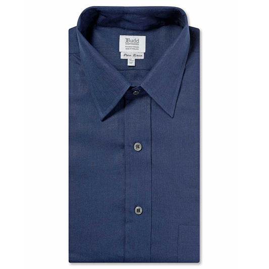 Classic Fit Plain Linen Button Cuff Shirt in Navy