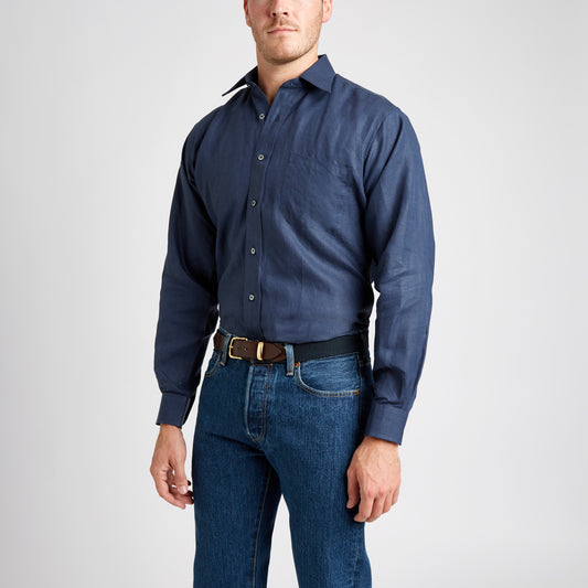 Classic Fit Plain Linen Button Cuff Shirt in Navy on model front