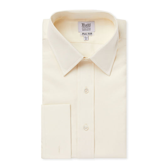 Classic Fit Plain Silk Double Cuff Dress Shirt in Cream