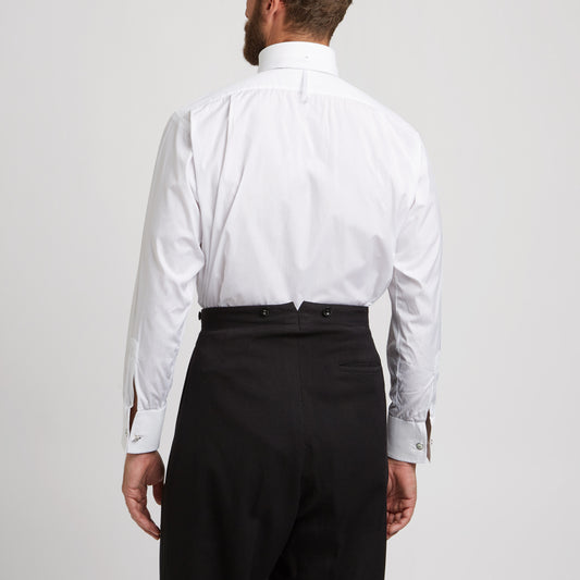 Classic Fit Plain Stiff Bib Neckband Double Cuff Dress Shirt in White on model back